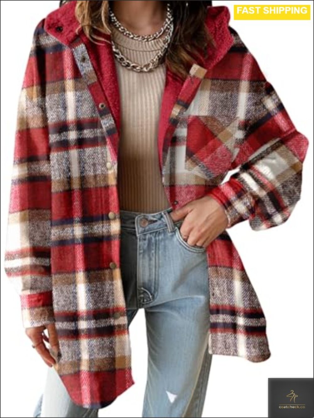 Dokotoo Women's Flannel Hooded Plaid Shacket Thick Fleece Jacket Coat